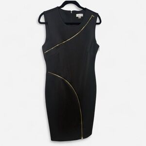 Calvin Klein Women’s Black Zipper Scuba Sheath Dress with Gold Zipper Detail.